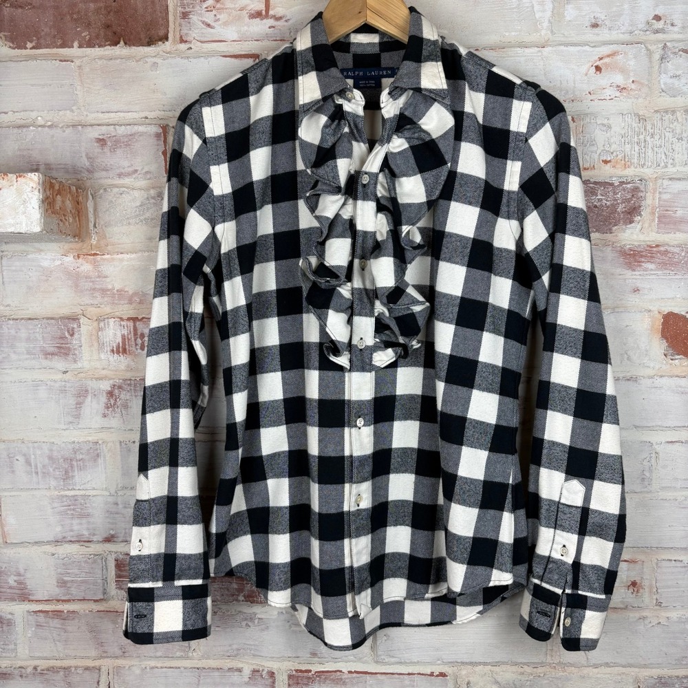 Ralph Lauren RL Ruffle Buffalo Plaid Flannel Shirt Sz 8 Western Romantic Prairie